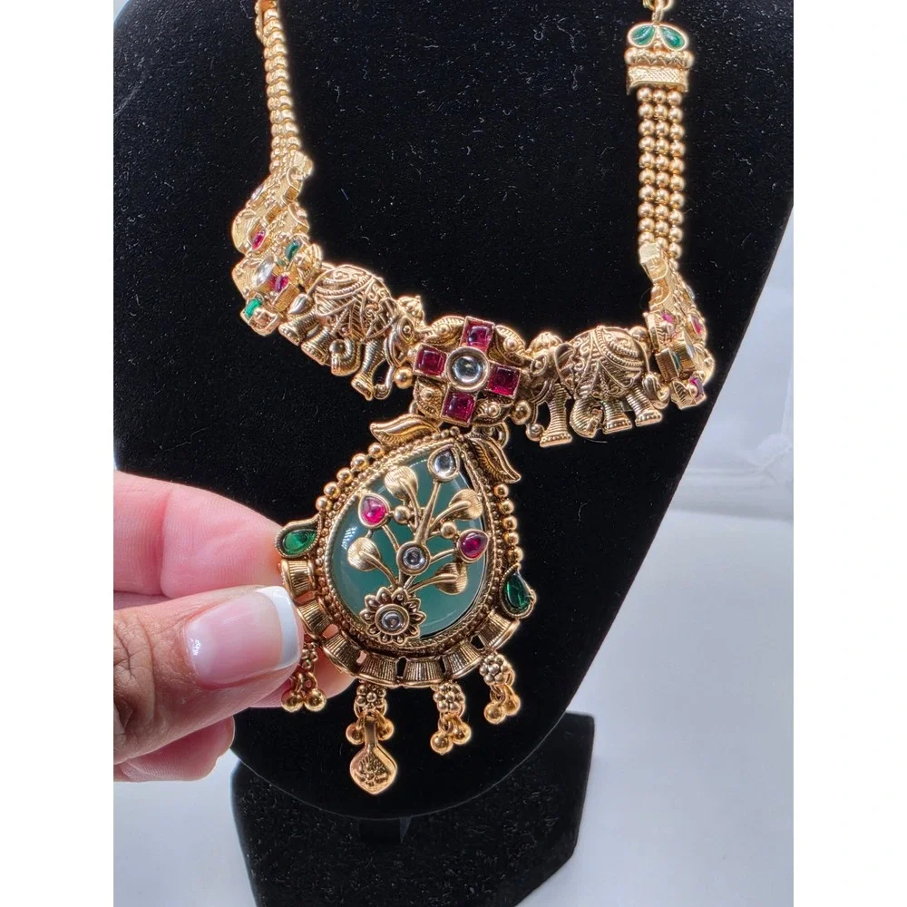 Indian Kundan Style Elephant Necklace Earrings Set Gold Tone Green Red Bridal